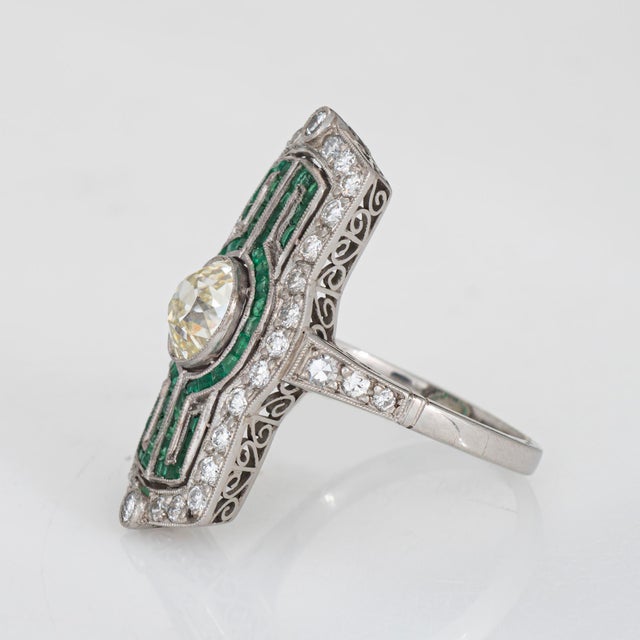 Vintage Art Deco 2.16ct Diamond Ring Calibre Emeralds Sz 7 Platinum Elongated For Sale - Image 4 of 7