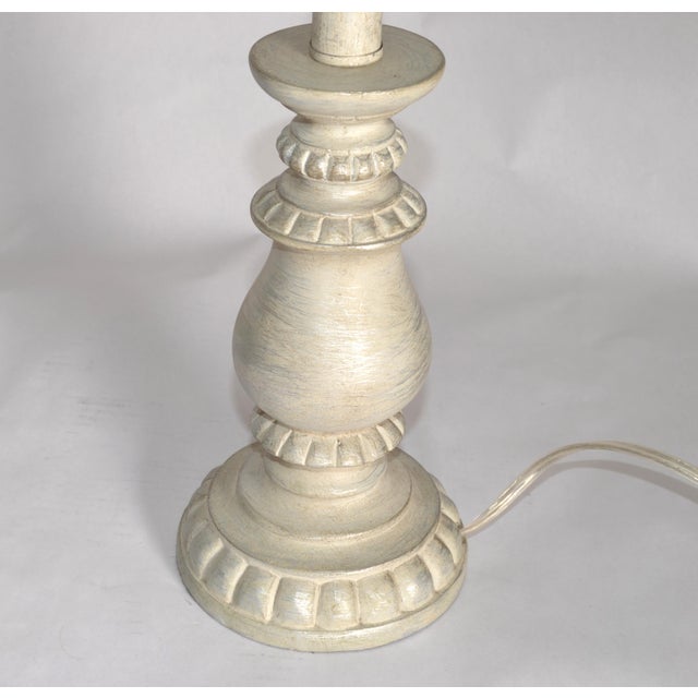 Mid Century Modern Silver Florentine Italian Painted Candlestick Lamps With Linen Shades - a Pair For Sale - Image 9 of 15