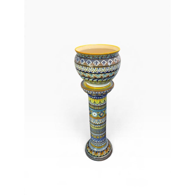 An extraordinary hand-painted Italian maiolica (majolica) jardinière and coordinating pedestal by Franco Mari of Deruta,...