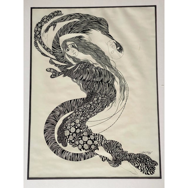 Modern Hand Inked on Paper Surrealist Female Portrait Drawing Signed Ken Kreel 1989 For Sale - Image 3 of 6