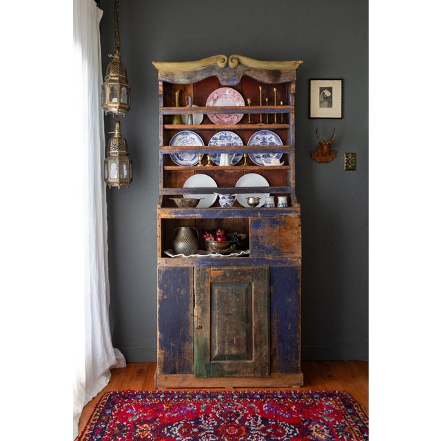 Rustic Blue Painted 19th Century Romanian Step Back Cupboard Cabinet For Sale - Image 4 of 18
