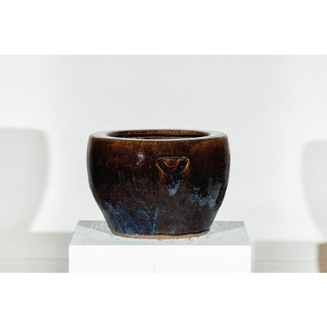 Mid 20th Century Vintage Brown and Blue Glazed Chinese Stoneware Planter with Rounded Lip For Sale - Image 5 of 18