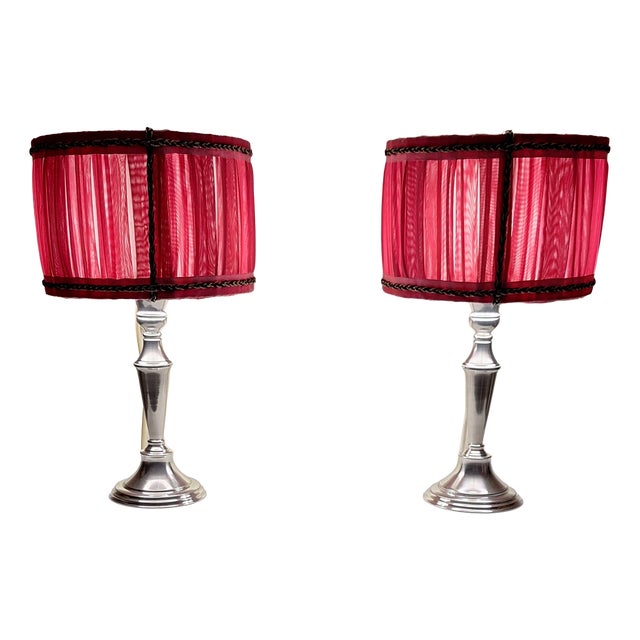 Vintage Table Lamps with Silver-Plated Candlestick Base and Fabric Shade, 1970s, Set of 2 For Sale