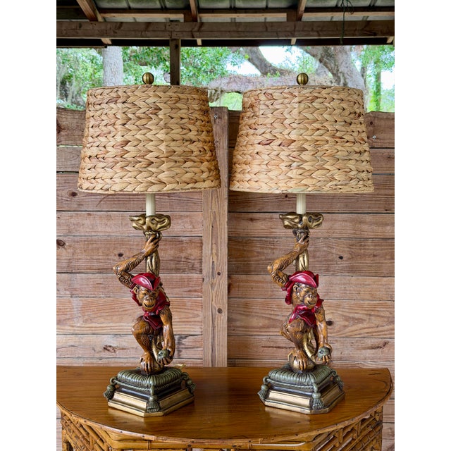Late 20th Century Pair of Wildwood Figural Monkey Table Lamps With Woven Seagrass Shades For Sale - Image 11 of 12