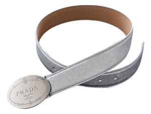Vintage Prada Silver Saffiano Leather Belt - Engraved Oval Buckle, Made in Italy