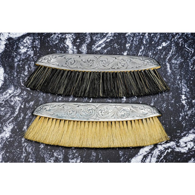 Silver Beautiful Pair Ornate Sterling Silver Antique Clothing Brushes Leather Case Vanity Dresser Home Decor For Sale - Image 8 of 15