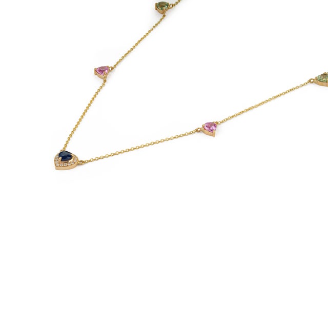 VR Jewels 14k Gold Heart Charm Necklace With Multi Sapphire & Diamonds For Sale - Image 4 of 17