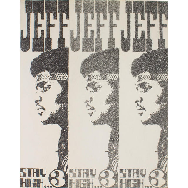 A graphite drawing titled Jeff-Stay High by American artist James Spencer Russell (1915-2000). The drawing is split into...