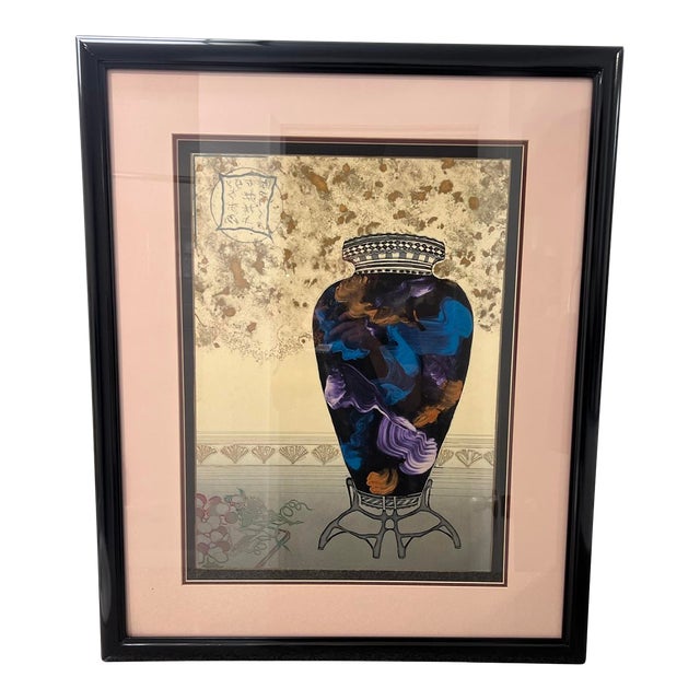 Vintage Postmodern 1980s Windsor Karen Chambellan “Grape Vase” Framed Art Print Vase Decorative Oriental Signed For Sale