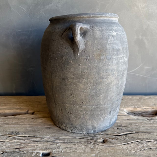 Vintage Matte Gray Clay Pottery With Handles For Sale - Image 4 of 6