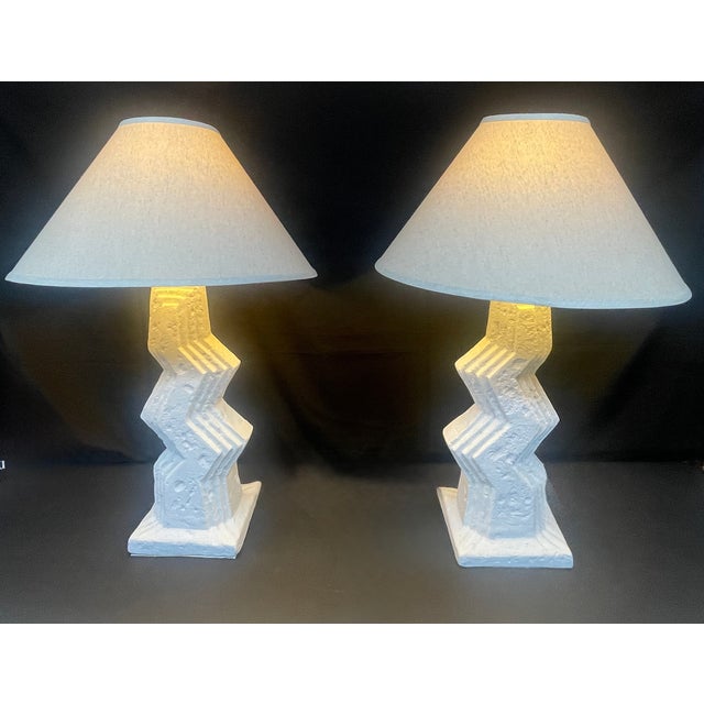 Antique White 1980's Post Modern White Zig Zag Plaster Lamps by Ziggurat - A Pair For Sale - Image 8 of 12