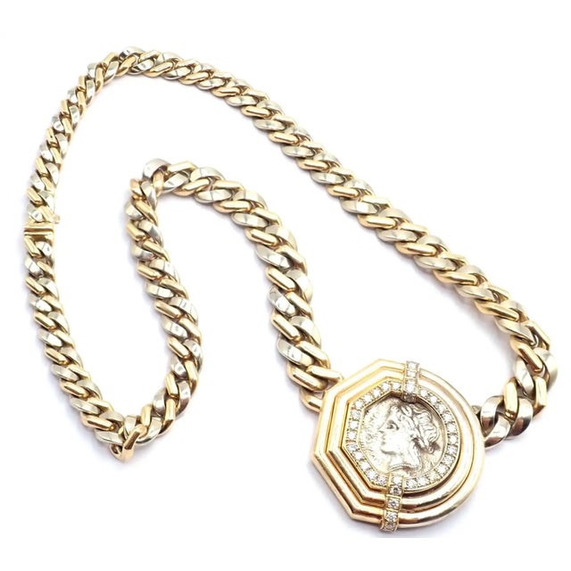 Bulgari Antique Coin Monete Diamond Yellow & White Gold Link Chain Necklace For Sale - Image 9 of 17