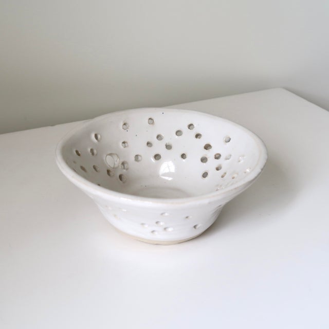 Handmade White Studio Pottery Decorative Ceramic Colander Berry Bowl For Sale - Image 4 of 12