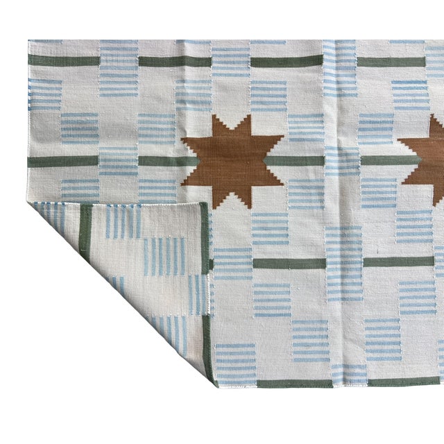 Handmade Cotton Vegetable Dyed Area Rug, White, Sky Blue, Sage Green Star Dash Striped Dhurrie-5'x8' For Sale - Image 12 of 13