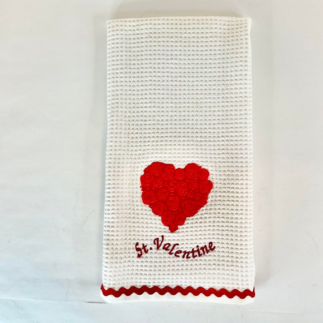 American Vintage Hollywood Regency Waffle St. Valentine Kitchen Towel With Roses Heart. For Sale - Image 3 of 7