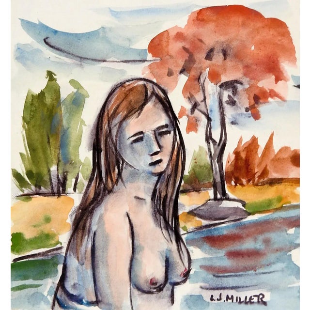 Mid-Century Modern Vintage Mid 20th Century Nude Woman Swimming Painting For Sale - Image 3 of 3