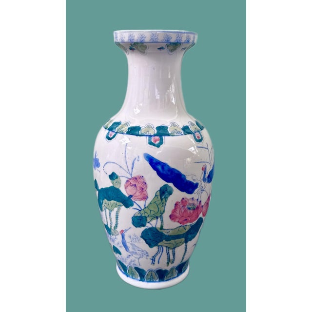 Large Vintage Chinoiserie Vase: Pink Lotus, Bird & Chrysanthemum Decor For Sale - Image 4 of 8