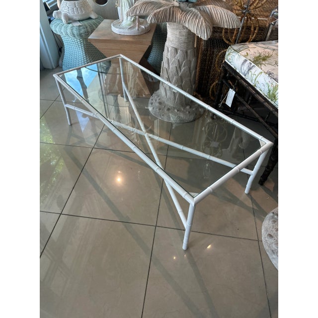 Metal Vintage Faux Bamboo Patio Outdoor Metal Newly Powder-Coated White Coffee Cocktail Table For Sale - Image 7 of 12