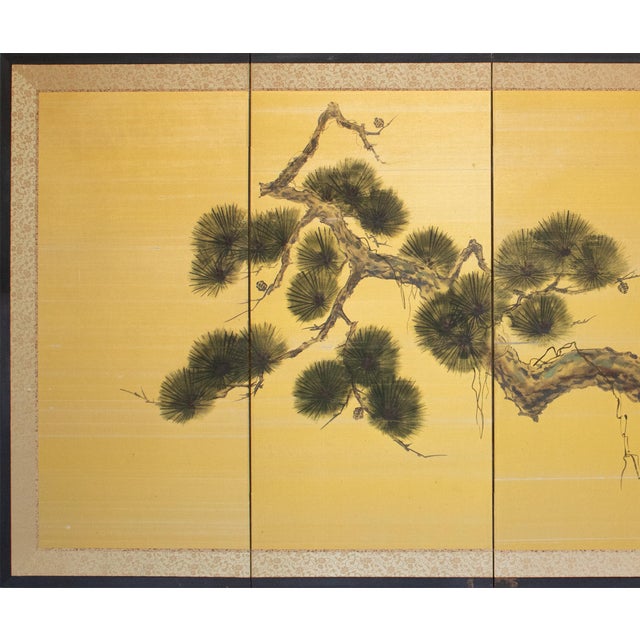 Beautiful Japanese 4-panel painted silk Byobu (folding screen) "Old Pine Tree". Signed and sealed by artist. This byobu...