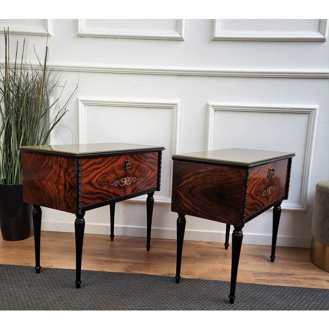 Metal Italian Art Deco Style Walnut Bedside Tables with Glass Tops, 1950s, Set of 2 For Sale - Image 7 of 9