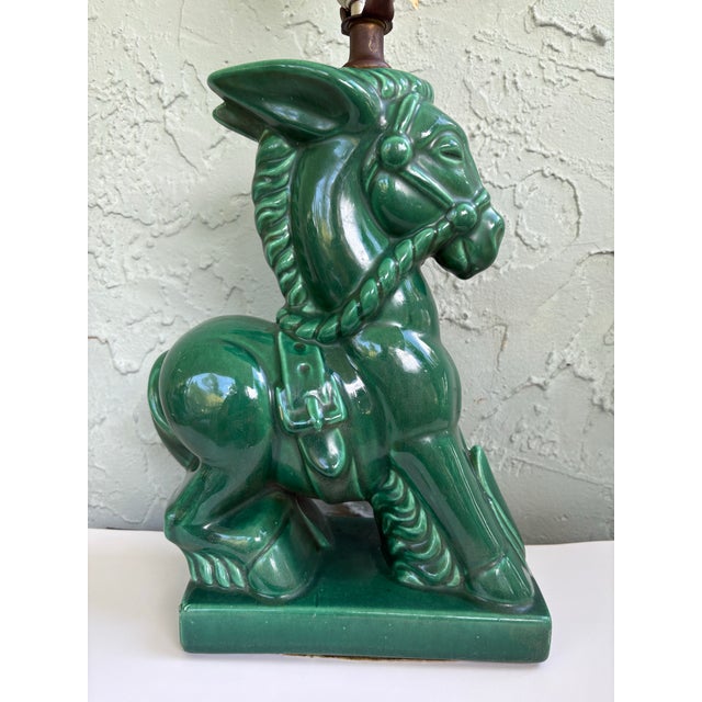 Mid-Century Modern Vintage Emerald Green Glazed Ceramic Donkey Table Lamp – Art Deco Style – 22” Tall For Sale - Image 3 of 11