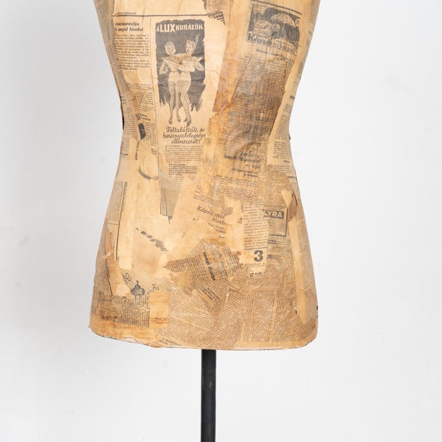 Wood 20th Century Vintage Dressmaker's Mannequin Covered in Old Newsprint For Sale - Image 7 of 11