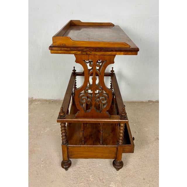 Wood Victorian Walnut Canterbury Magazine Rack with Tray Top, 1930 For Sale - Image 7 of 11