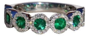 The Emerald Park: Ladies Signed 18K White Gold Emerald and Diamond Band