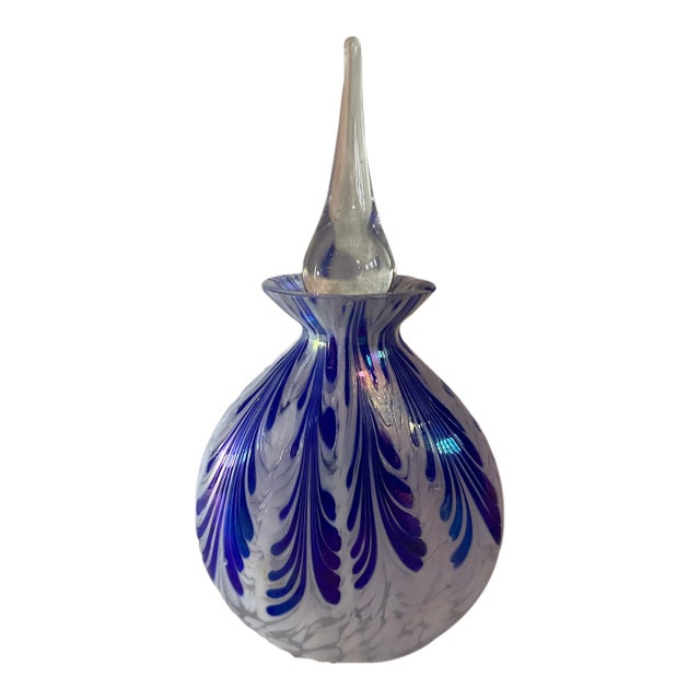 Vintage Royal Limited Crystal Blue White Feathered Opalescent Luster Perfume Bottle With Stopper For Sale