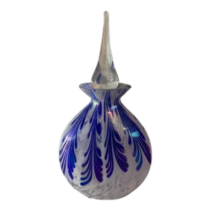 Vintage Royal Limited Crystal Blue White Feathered Opalescent Luster Perfume Bottle With Stopper