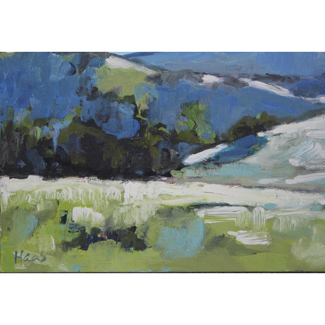 This original oil painting captures the quiet beauty of distant summer hills and scattered trees and shadows under an open...