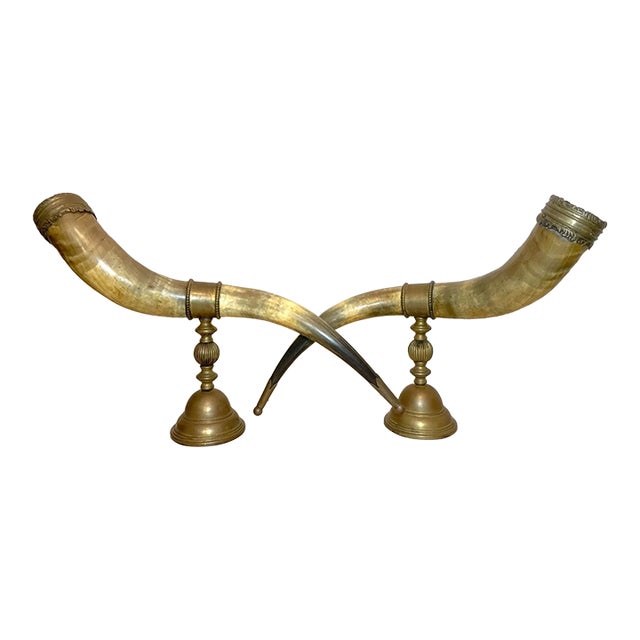 Huge Pair of Antique Bronze Mounted Read Horn Cornucopia Decor Statues Garniture For Sale