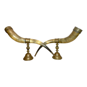Huge Pair of Antique Bronze Mounted Read Horn Cornucopia Decor Statues Garniture