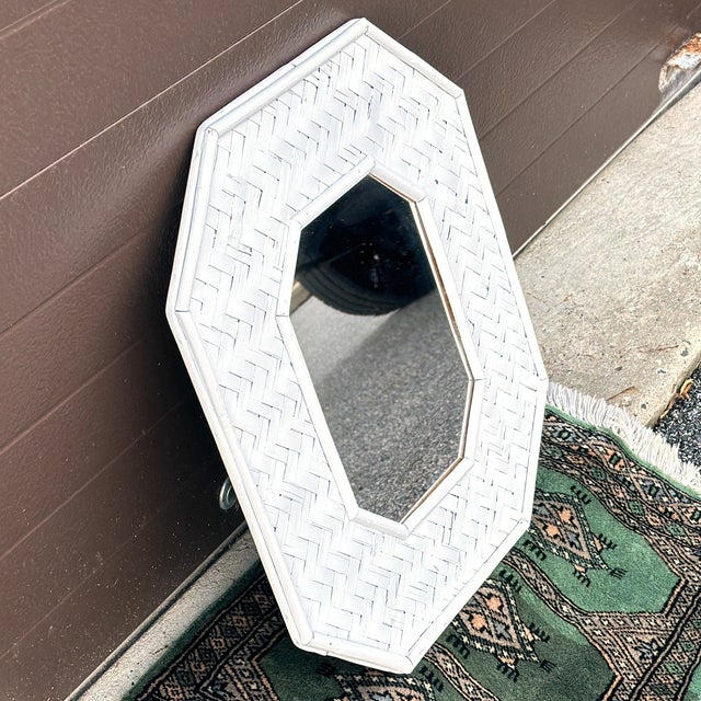 Contemporary Vintage Petite White Painted Bamboo & Woven Rattan Wall Mirror For Sale - Image 3 of 8