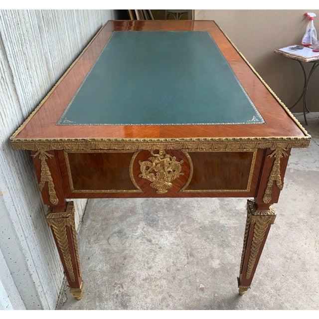 French Louis XVI Style Writing Desk Bureauplatt, Bronze Gilt Mounts Leather Top For Sale - Image 4 of 18