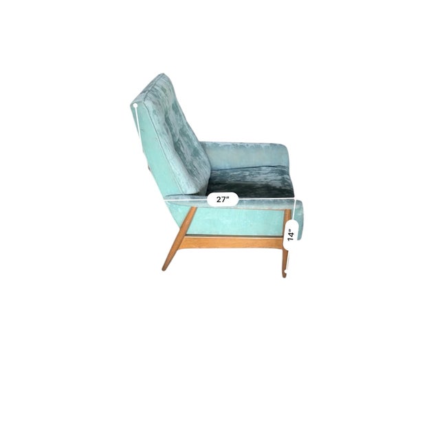 MCM walnut frame upholstered chair in greenish blue jewel tone. Chair is for restoration- straps are sagging upholstery is...