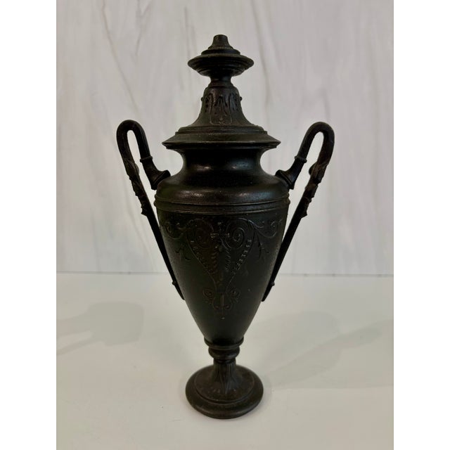 Neoclassical Vintage Neoclassical Cast Iron/Spelter Urns - A Pair For Sale - Image 3 of 10