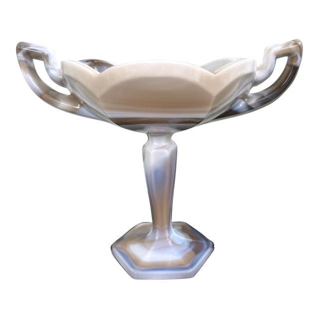 1970s Westmoreland Gray & White Slag Glass Pedestal Compote With Handles For Sale