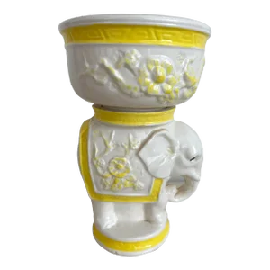 Vintage Hollywood Regency Ceramic White and Yellow Elephant Planter