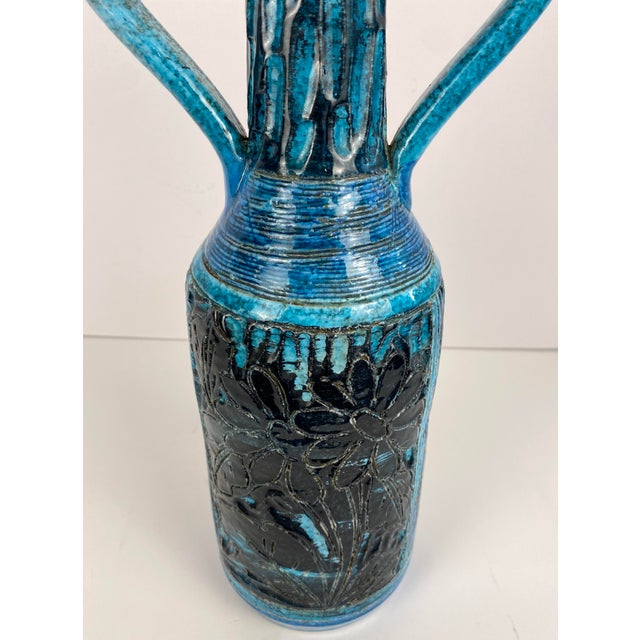 Accolay Style Ceramic Vase With Handles, Large Blue Vase Att. To Accolay Pottery For Sale In Miami - Image 6 of 7