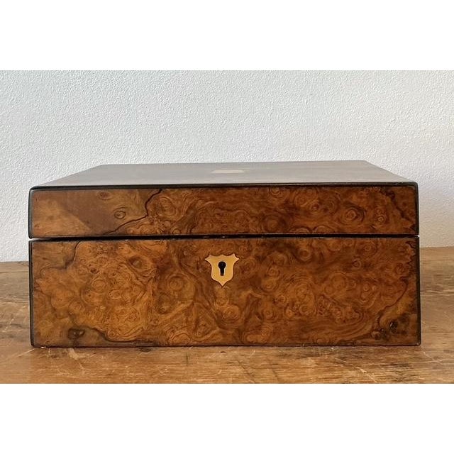 Vintage Brass Inlay Burl Wood Traveling Writing Desk Box For Sale - Image 4 of 11