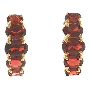 21st-Century 14k Yellow Gold Oval Garnet Half Hoop Earrings, Pair