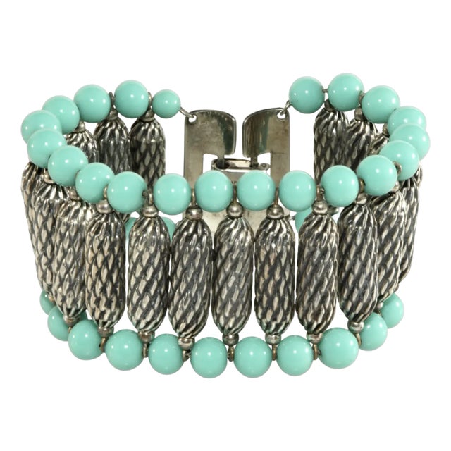 1950s Vintage Napier Silverplated Bracelet With Turquoise Colored Beads For Sale
