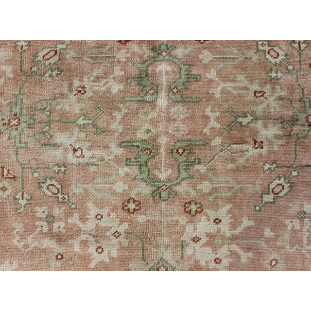 Green Classic All Over Design Antique Oushak Rug in Light Coral and Light Green For Sale - Image 8 of 12