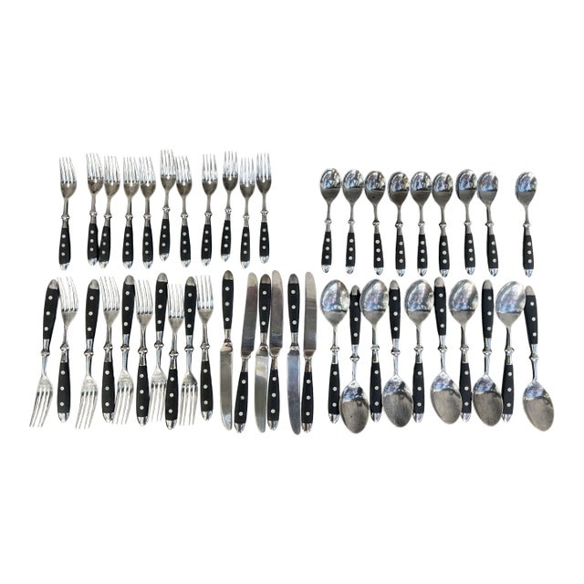 Vintage LC Germain Rostfrei Black Rivets Flatware Forks Spoons Knives - 46 Pieces For Sale