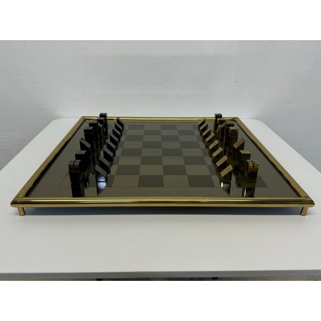 1970s Mid-Century Brass and Gunmetal Chess Set With Mirrored Glass Inset Board, 1970s For Sale - Image 5 of 12
