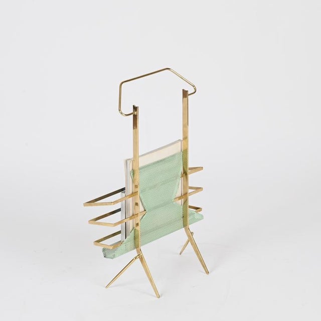 Brass and Perforated Green Metal Magazine Rack attributed to Cesare Lacca, Italy, 1950s For Sale - Image 9 of 18