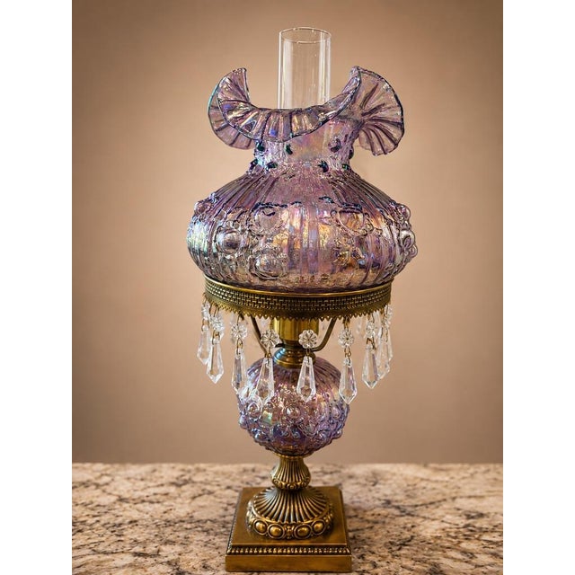 Victorian Vintage Amethyst Carnival Glass Hurricane Lamp With Brass Base & Crystal Prisms For Sale - Image 3 of 6