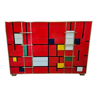 Dresser with Four Drawers in Red Multicolored Murano Glass, 1980s For Sale