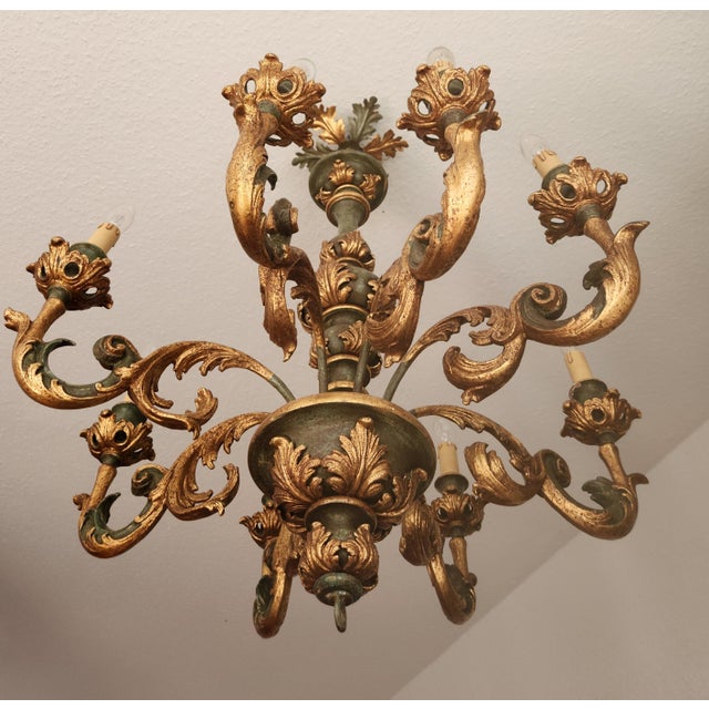 Large Vintage Louis XV Rococo Baroque Florentine Wood Carved Floral Chandelier, 1920s For Sale - Image 4 of 18